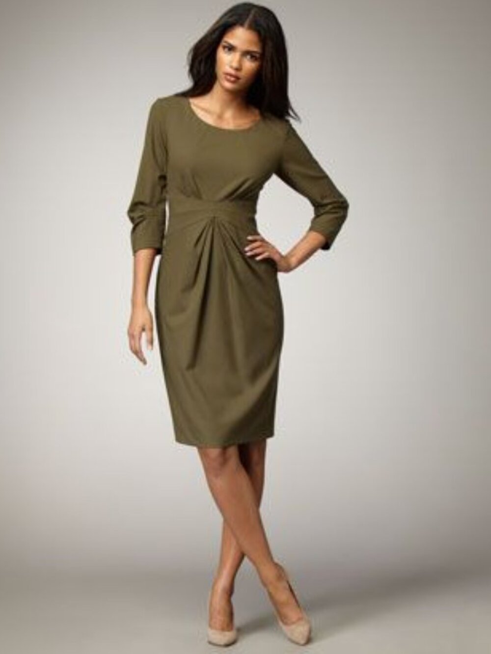 New! Lafayette 148 Olive Green Wool Blend Front Pleat Sheath Dress Sz 2